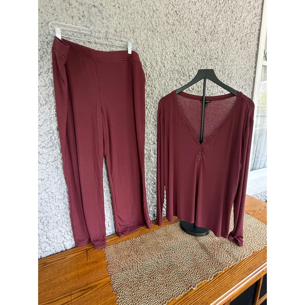 Banana Republic Womens XXL Burgundy Ribbed Henley Pajama Set Modal Lounge 2pc